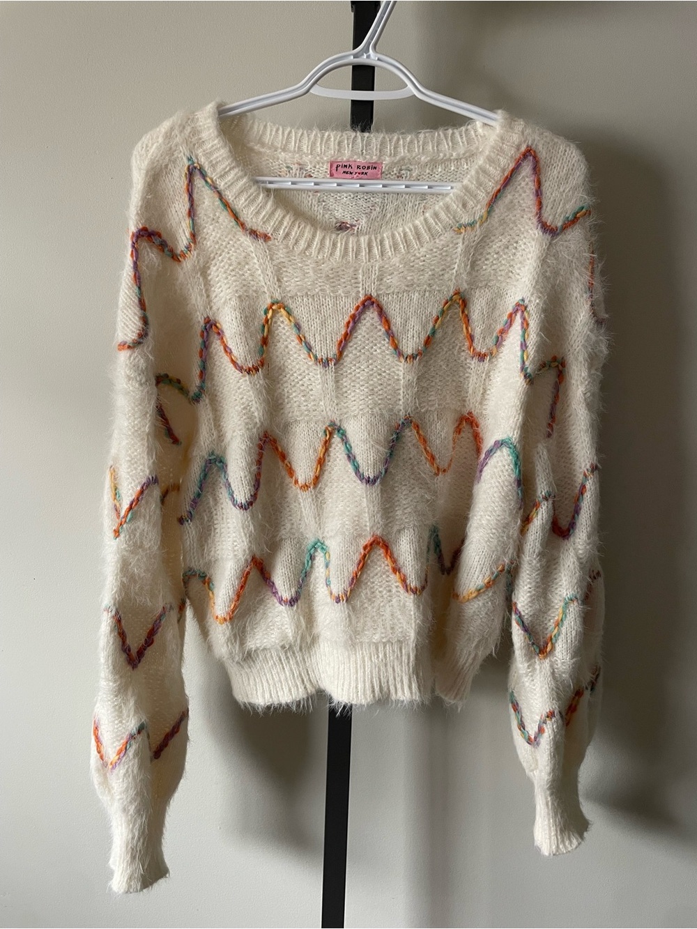 Pink Robin New York Fuzzy Eyelash Knit Sweater Rainbow Zigzag Braided Chevron